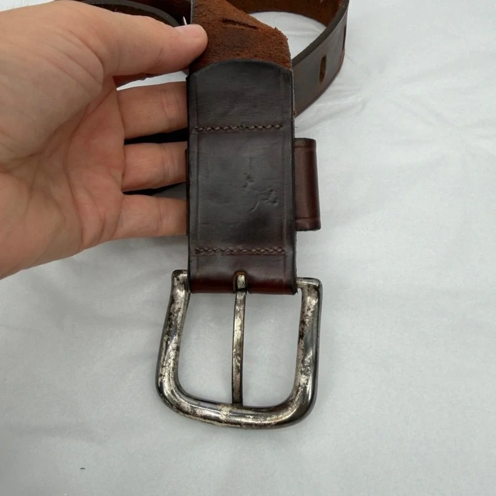 Brown Leather Perforated Belt Distressed Rugged Casual Brown Size 39